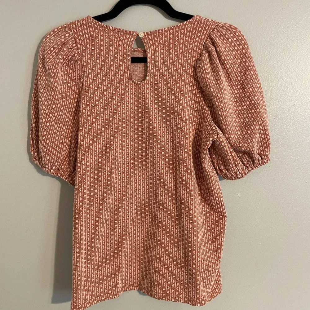 Madewell Puff Sleeve Top Womens Small Orange Geometric Knit Blouse Boho